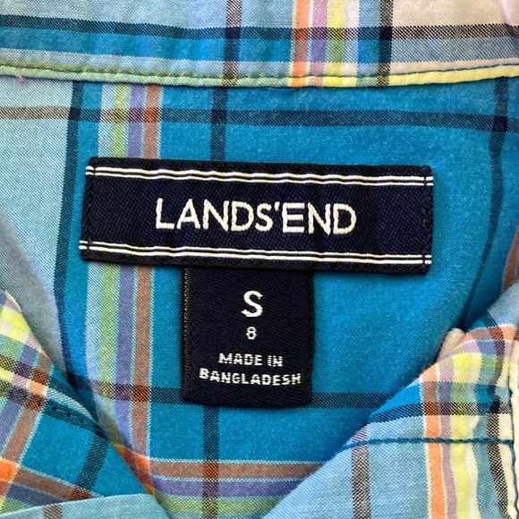 Boys size 8 Lands’ End blue plaid short sleeved button down shirt - Picture 3 of 6